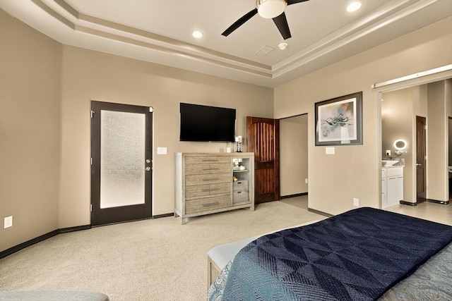 3220 Vatapa Rd NE, Rio Rancho, NM 87144 - bedroom with a raised ceiling, light carpet, baseboards, a ceiling fan, and recessed lighting