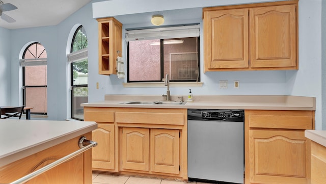 11041 Academy Ridge Rd NE, Albuquerque, NM 87111 - kitchen featuring dishwasher, a sink, light countertops, and light brown cabinetry