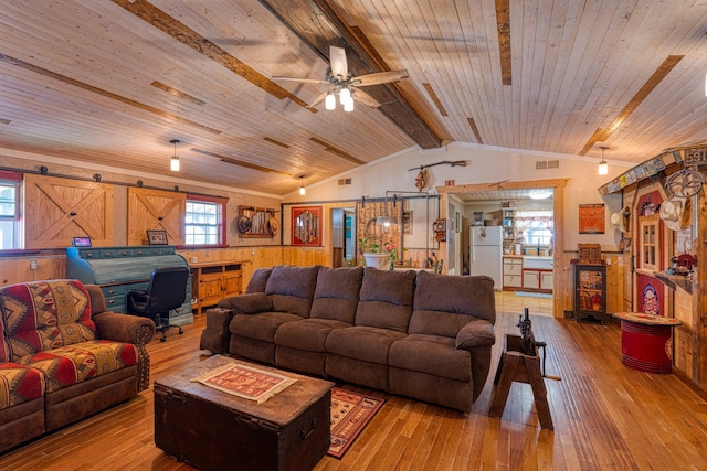10 Berkshire Rd, Estancia, NM 87016 - living room with hardwood / wood-style floors, wood ceiling, ceiling fan, and wood walls