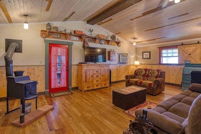 10 Berkshire Rd, Estancia, NM 87016 - living area featuring a wood stove, a wainscoted wall, wooden ceiling, hardwood / wood-style floors, and wood walls