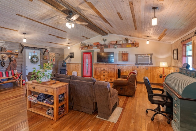 10 Berkshire Rd, Estancia, NM 87016 - living room with a wainscoted wall, a wood stove, wooden ceiling, a ceiling fan, and hardwood / wood-style flooring