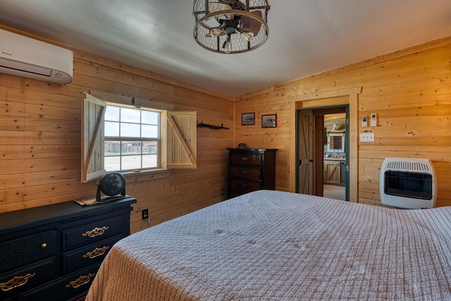 10 Berkshire Rd, Estancia, NM 87016 - bedroom featuring heating unit, a wall mounted air conditioner, wood walls, and lofted ceiling