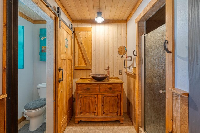 10 Berkshire Rd, Estancia, NM 87016 - bathroom featuring toilet, vanity, a stall shower, wooden walls, and wooden ceiling
