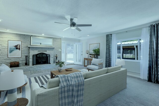 1201 Calle Placitas, Bernalillo, NM 87004 - carpeted living area with ceiling fan, a stone fireplace, a textured ceiling, and recessed lighting