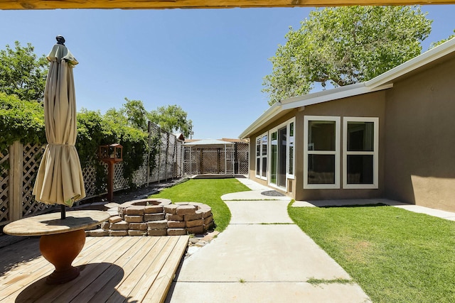 1201 Calle Placitas, Bernalillo, NM 87004 - fenced backyard featuring an outdoor fire pit and a patio