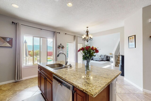 613 Loma Linda Loop NE, Rio Rancho, NM 87124 - kitchen with dishwasher, a chandelier, decorative light fixtures, light stone counters, and light tile patterned flooring