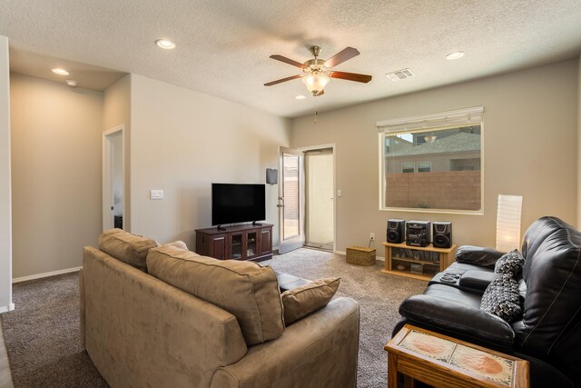 4880 Blackburn Rd, Rio Rancho, NM 87144 - living room featuring carpet floors, ceiling fan, a textured ceiling, and recessed lighting