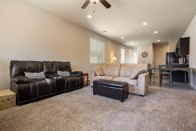 4880 Blackburn Rd, Rio Rancho, NM 87144 - living room featuring light carpet, ceiling fan, and recessed lighting