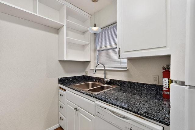 1821 Dartmouth Dr NE Unit 104, Albuquerque, NM 87106 - kitchen featuring white appliances, open shelves, white cabinets, and pendant lighting