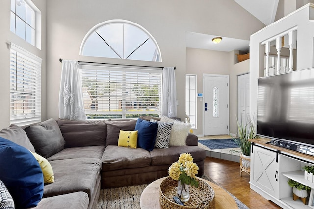 4632 Homestead Trl NW, Albuquerque, NM 87120 - living room featuring high vaulted ceiling, plenty of natural light, and wood finished floors