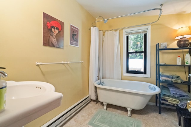578 Horseshoe Loop, Jemez Springs, NM 87025 - full bathroom featuring a soaking tub, curtained shower, and baseboard heating