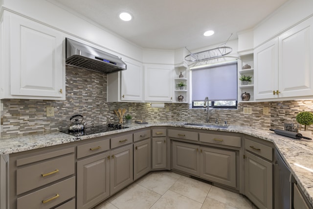 8712 Greenarbor Rd NE, Albuquerque, NM 87122 - kitchen with gray cabinetry, open shelves, black electric stovetop, exhaust hood, and light tile patterned floors