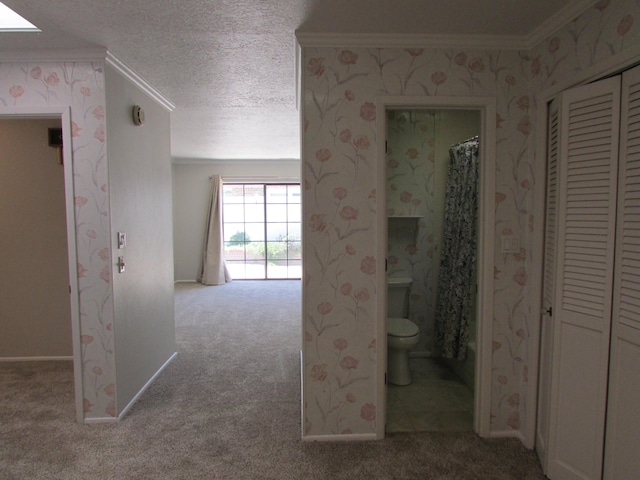 3109 Dallas St NE, Albuquerque, NM 87110 - hallway featuring carpet, crown molding, a textured ceiling, and wallpapered walls