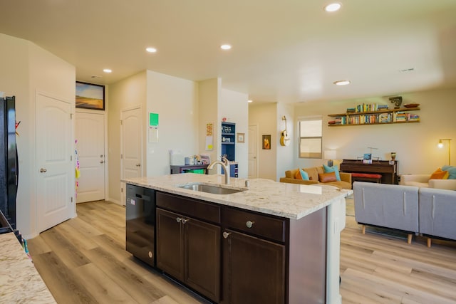 4381 Lauren Loop NE, Rio Rancho, NM 87124 - kitchen featuring dishwasher, light wood finished floors, open floor plan, dark brown cabinets, and recessed lighting