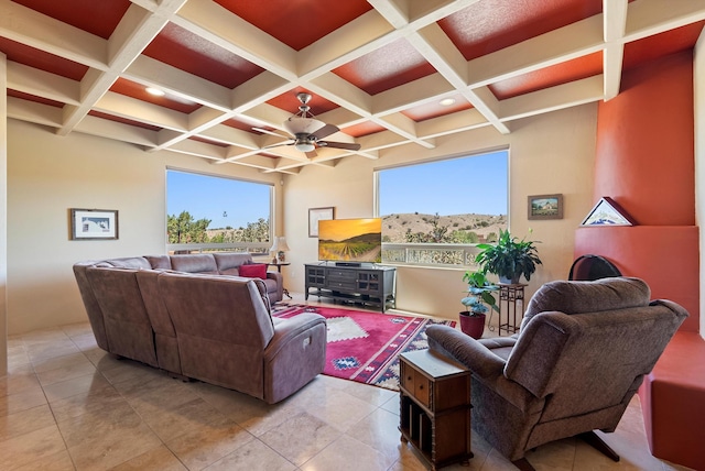 3 Seasons Cir, Placitas, NM 87043 - living room with healthy amount of natural light, beam ceiling, coffered ceiling, and ceiling fan