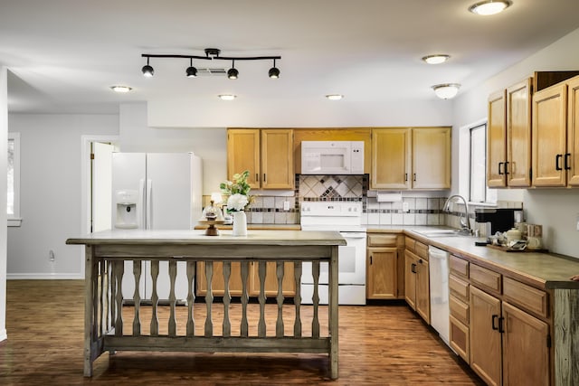 6920 Conestoga Dr NW, Albuquerque, NM 87120 - kitchen with white appliances, decorative backsplash, and dark wood finished floors