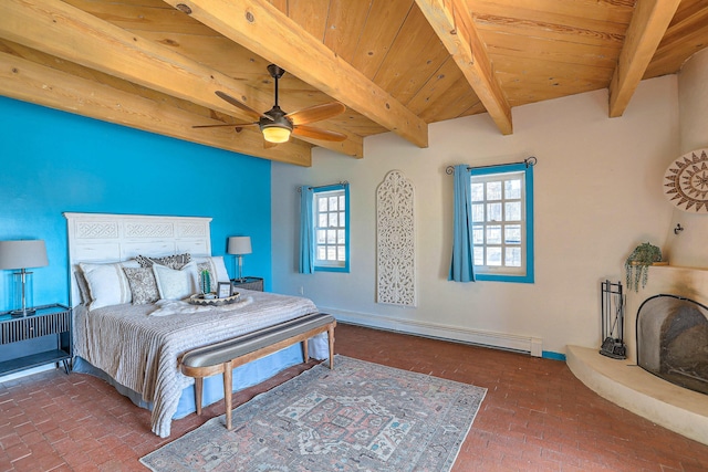 78 Quirks Ln, Corrales, NM 87048 - bedroom with a baseboard heating unit, brick floors, a wood ceiling with exposed beams, and a ceiling fan