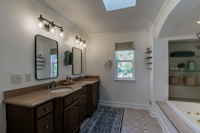 6109 Chamblee Ct NE, Albuquerque, NM 87111 - full bath featuring double vanity, a whirlpool tub, ornamental molding, tile patterned floors, and a textured ceiling