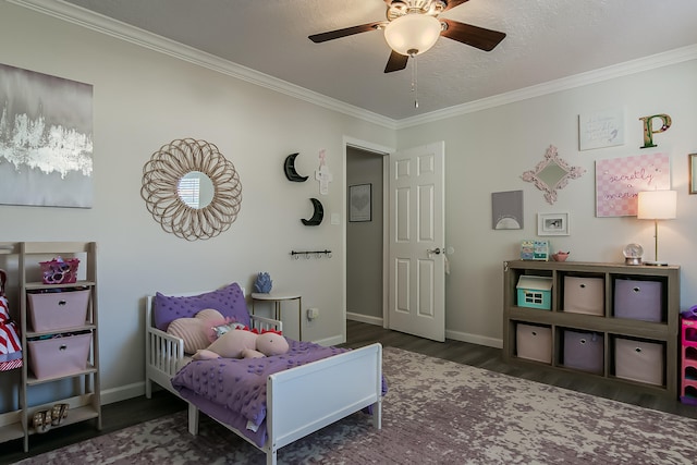 6109 Chamblee Ct NE, Albuquerque, NM 87111 - bedroom featuring ornamental molding, wood finished floors, a ceiling fan, and a textured ceiling