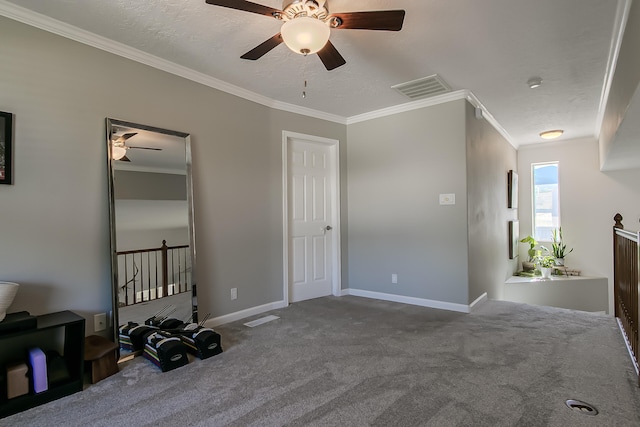 6109 Chamblee Ct NE, Albuquerque, NM 87111 - unfurnished bedroom with ornamental molding, a textured ceiling, carpet floors, and ceiling fan