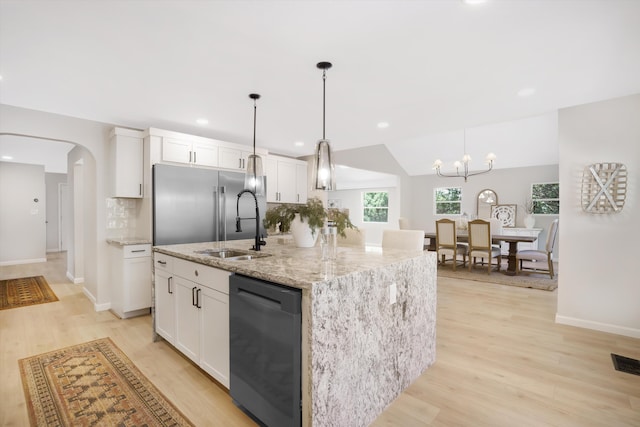 7 Corte De Canoncito, Cedar Crest, NM 87008 - kitchen featuring dishwasher, white cabinetry, light wood-type flooring, light stone counters, and recessed lighting