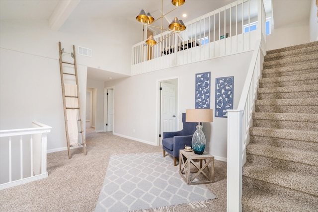 7 Corte De Canoncito, Cedar Crest, NM 87008 - stairs featuring carpet flooring, high vaulted ceiling, and beamed ceiling