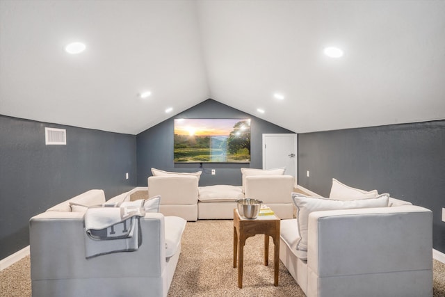 7 Corte De Canoncito, Cedar Crest, NM 87008 - carpeted home theater featuring vaulted ceiling and recessed lighting