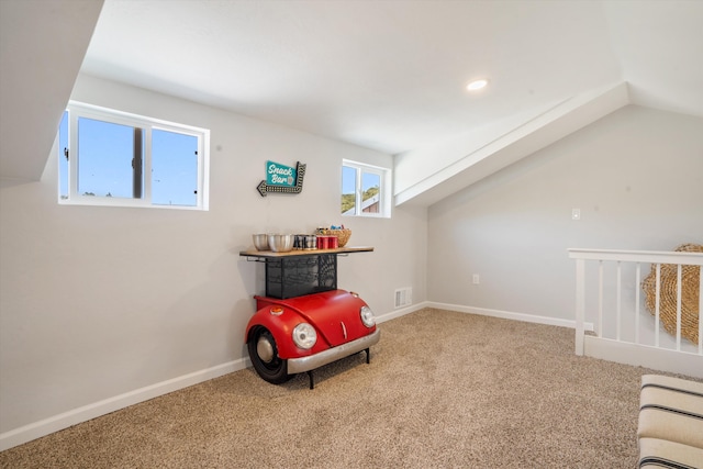 7 Corte De Canoncito, Cedar Crest, NM 87008 - living area with carpet, vaulted ceiling, and recessed lighting