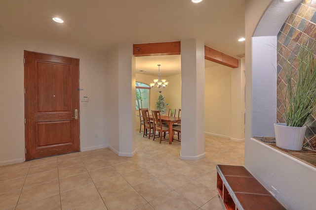 9404 Bear Mountain Trl NE, Albuquerque, NM 87113 - entrance foyer with recessed lighting, light tile patterned floors, and a chandelier