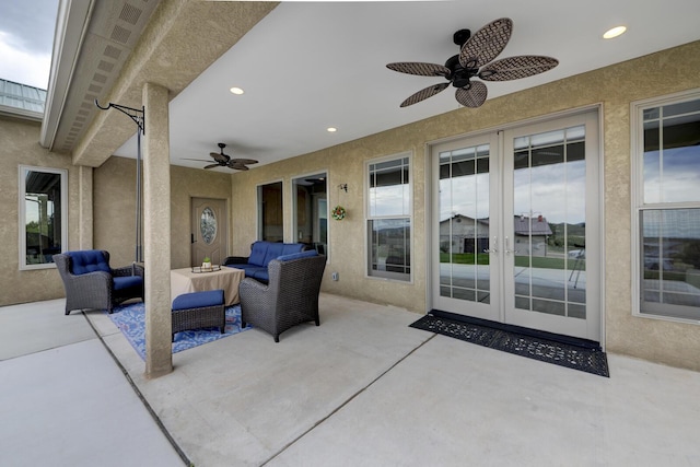 42 Los Pecos Loop, Tijeras, NM 87059 - view of patio with a ceiling fan, outdoor lounge area, and french doors