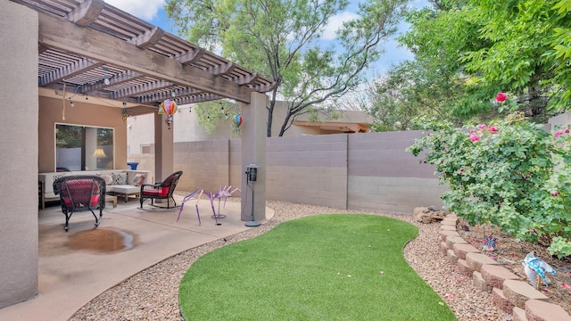 3915 Tundra Swan Ct NW, Albuquerque, NM 87120 - fenced backyard featuring an outdoor living space, a pergola, and a patio area