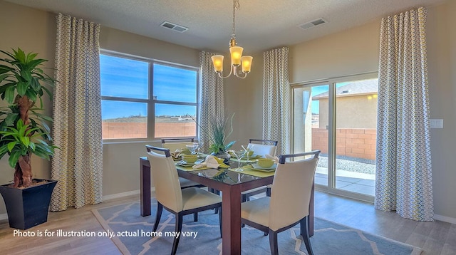 1652 Maggie Ct NE, Rio Rancho, NM 87144 - dining area with a chandelier, wood finished floors, healthy amount of natural light, and a textured ceiling