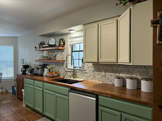 9815 Osuna Rd NE, Albuquerque, NM 87111 - kitchen featuring butcher block countertops, dishwasher, green cabinets, tasteful backsplash, and a textured ceiling