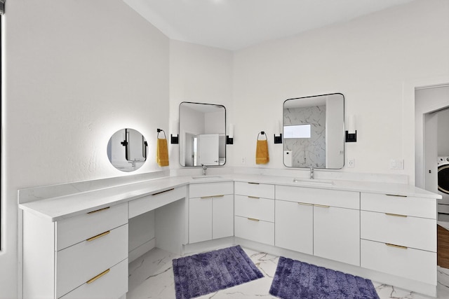 53 Blanco Dr, Edgewood, NM 87015 - full bath with marble look tile flooring, double vanity, and washer / dryer