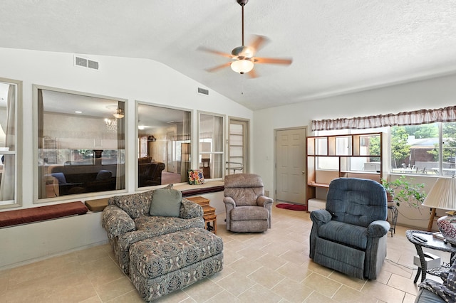 411 Schmidt Pl, Los Lunas, NM 87031 - living room with lofted ceiling and a ceiling fan