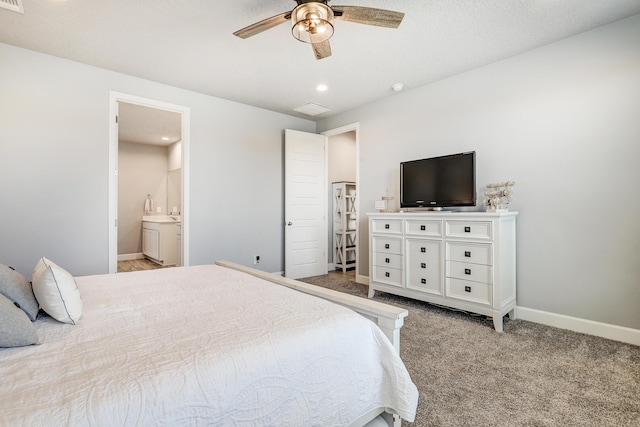 2530 Guadalupe Rd NE, Rio Rancho, NM 87144 - bedroom featuring light colored carpet, ensuite bathroom, ceiling fan, and recessed lighting