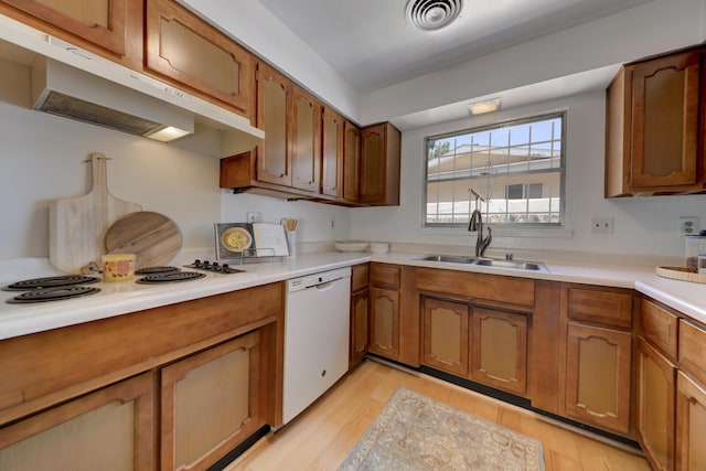 1733 Luthy Dr NE, Albuquerque, NM 87112 - kitchen with ventilation hood, white appliances, light wood-type flooring, and brown cabinetry