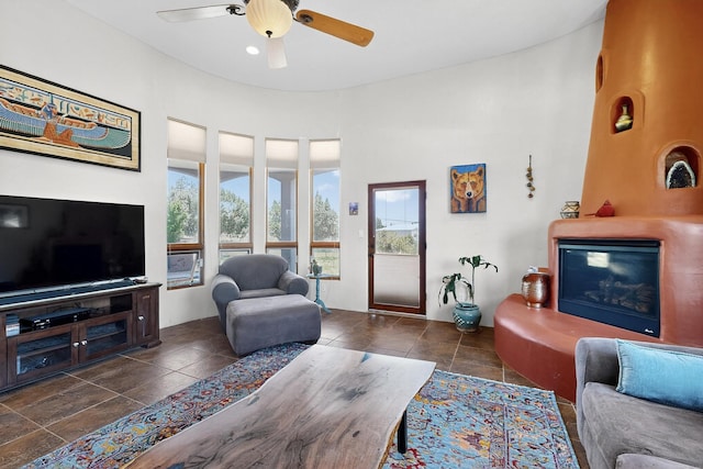 10 Francisco Rd, Cedar Crest, NM 87008 - tiled living area with ceiling fan and a towering ceiling