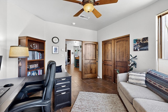 10 Francisco Rd, Cedar Crest, NM 87008 - office with a ceiling fan and dark tile patterned flooring