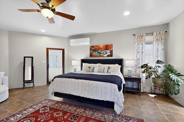 10 Francisco Rd, Cedar Crest, NM 87008 - bedroom with an AC wall unit, ceiling fan, recessed lighting, and stone finish floors