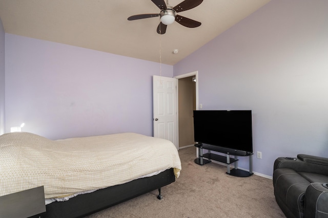 4840 Mcnary Ct NW, Albuquerque, NM 87120 - bedroom featuring light carpet, lofted ceiling, and ceiling fan
