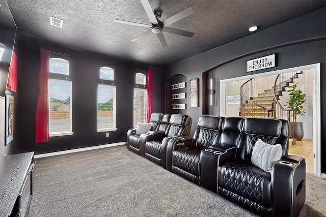 4420 Bentgrass Mdws NE, Rio Rancho, NM 87144 - carpeted home theater room with ceiling fan and a textured ceiling