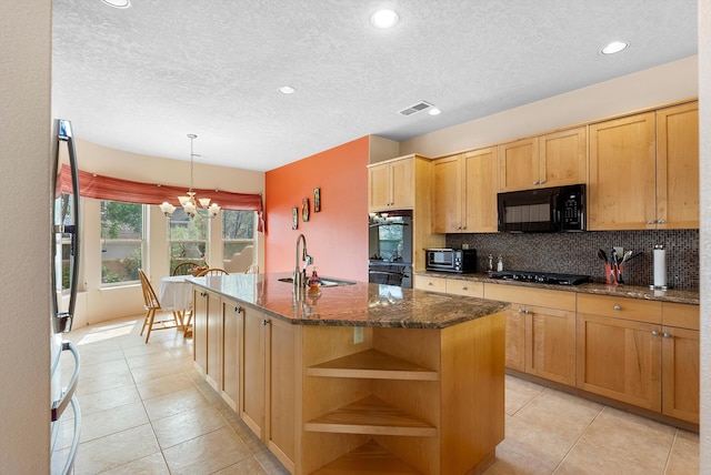 5808 Mariola Pl NE, Albuquerque, NM 87111 - kitchen with black appliances, open shelves, light tile patterned floors, decorative backsplash, and a textured ceiling