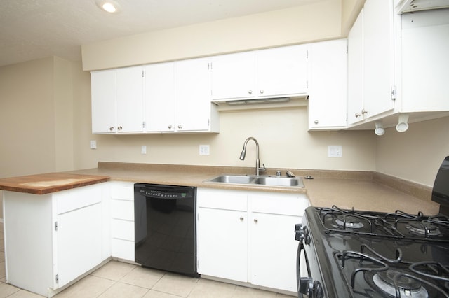 12910 Alice Ave NE, Albuquerque, NM 87112 - kitchen with black dishwasher, range with gas stovetop, a peninsula, white cabinetry, and light tile patterned flooring