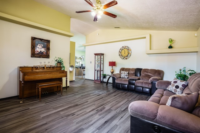 5131 Gaviota NW, Albuquerque, NM 87120 - living room featuring a ceiling fan, lofted ceiling, and dark wood-type flooring