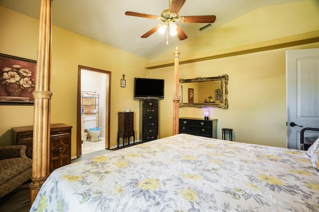 5131 Gaviota NW, Albuquerque, NM 87120 - bedroom featuring lofted ceiling, connected bathroom, and ceiling fan