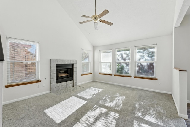 7816 Bursera Dr NW, Albuquerque, NM 87120 - unfurnished living room featuring high vaulted ceiling, carpet floors, ceiling fan, and a fireplace
