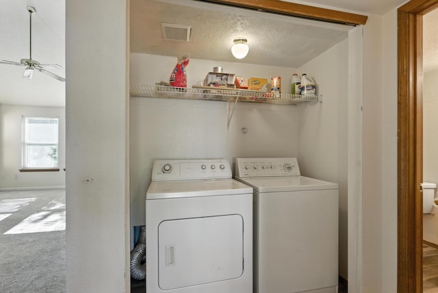 7816 Bursera Dr NW, Albuquerque, NM 87120 - washroom with washing machine and dryer, a ceiling fan, and carpet flooring