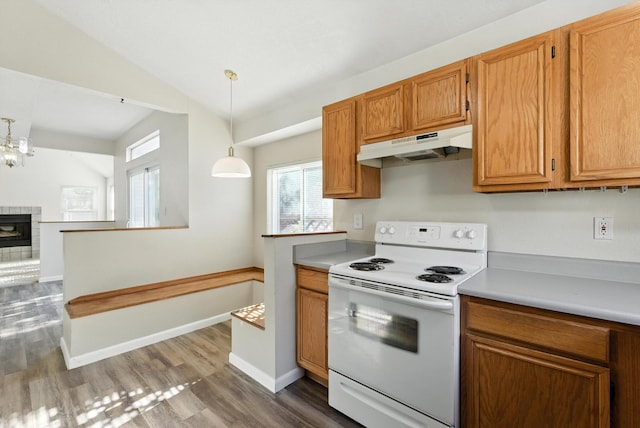 7816 Bursera Dr NW, Albuquerque, NM 87120 - kitchen with electric stove, under cabinet range hood, lofted ceiling, dark wood finished floors, and light countertops
