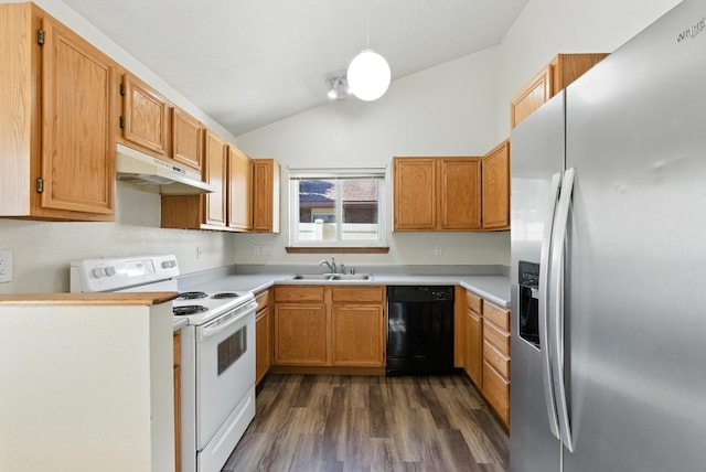 7816 Bursera Dr NW, Albuquerque, NM 87120 - kitchen featuring stainless steel fridge with ice dispenser, black dishwasher, white electric range oven, under cabinet range hood, and vaulted ceiling